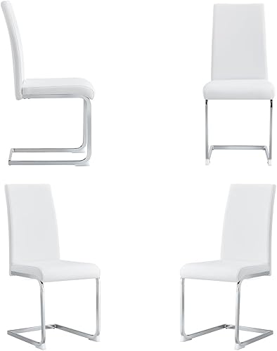 Juego de 4 sillas de comedor, sillas de piel sintética blanca, patas cromadas plateadas, modernas sillas de comedor con respaldo alto para cocina, 4