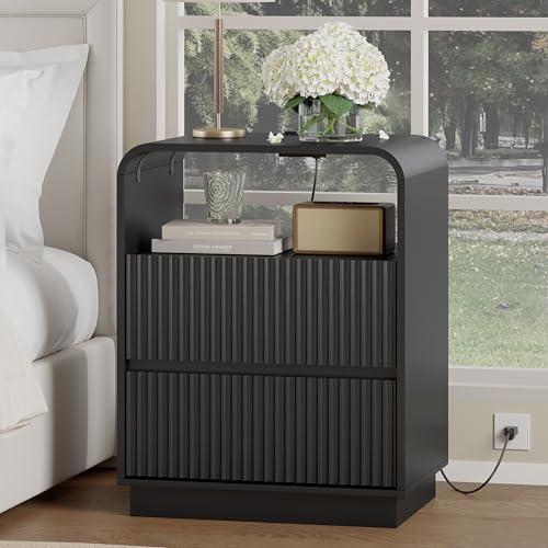 Image of Wodeer Black Nightstand with Charging Station, Mid Century Modern Bedside Table & End Table, Fluted Wood Small Night Stand with 2 Hidden Drawers and Storage Shelf for Bedroom
