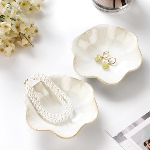Image of JAMEND CLXP 2PCS White Lotus Leaf Shape Ring Holder Dish, Small Key Bowl, Ceramic Trinket Tray Jewelry Dish Organizing Necklace Earrings for Mom Friend Sister, All Jewelries Are NOT Included, White.