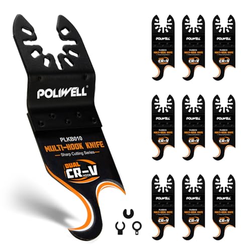 POLIWELL Oscillating Multi Tool Hook Knife Blade 10PCS,Oscillating Multitool Blades for Cutting Roofing Shingles,Dual-Hook Oscillating Tool Blade for Cardboard, PVC Carpet, Artificial Turf