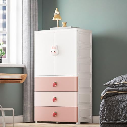 Image of KRISHYAM Kids Storage Cabinet with Drawers & Cupboard | Multi-Purpose Plastic Wardrobe Organizer for Nursery & Kids Room | Toy, Clothes & Accessories Storage (White & Pink) (Pink)