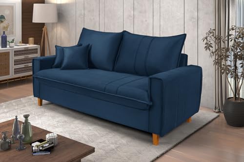Sofá Living com Bau Multiuso 3 Lugares Suede Pes em Madeira (Azul)