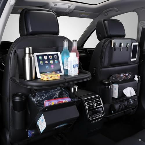 ROTKUEIEE シートバックポケット 車 テーブル 後部座席 折りたたみ式 車用シートバックポケット アップグレード 車用ゴミ箱機能付き カップホルダー 大容量 キックガード カーシートバックストレージ 多機能 防水防汚 車内収納 簡単設置 吊り下げ 食事 カー用品