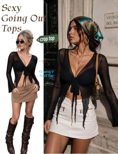 Image of Avidlove Women Mesh Crop Top Y2K Tie Front Tops Rave Top Sheer Cardigan Sexy V Neck Outfits S-2XL