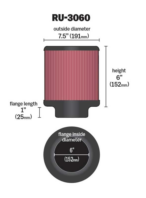 Image of K&N High-Flow Original Lifetime Universal Clamp-On Air Filter: High Performance, Premium, Washable: Flange Diameter: 6 In, Filter Height: 6 In, Flange Length: 1 In, Shape: Round, RU-3060