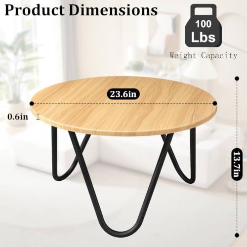 Image of Round Coffee Table 23.6 inch Small Coffee Table for Living Room Modern Circle Center Table with Metal Frame Wood Sofa Table for Reception Room Home Office Natural Color