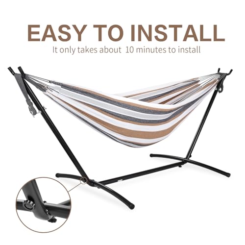 Image of PNAEUT Double Hammocks with Stand for Outside, Portable Space Saving Heavy-Duty Steel Frame for Indoor Outdoor Patio Yard, Easy Assembly, 2 Person 450 lbs Capacity (Coffee)