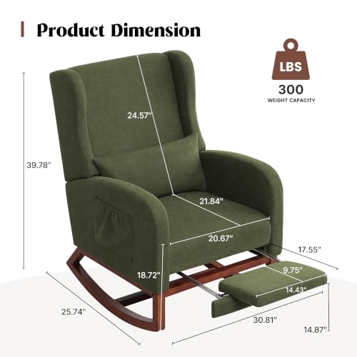 Image of HCHAIRH Rocking Chair Nursery, Nursery Rocking Chairs with Foot Rest, Comfy Glider Rocker Nursing Chair with Back Pillow for Nursing, Living Room, Bedroom, Dark Green
