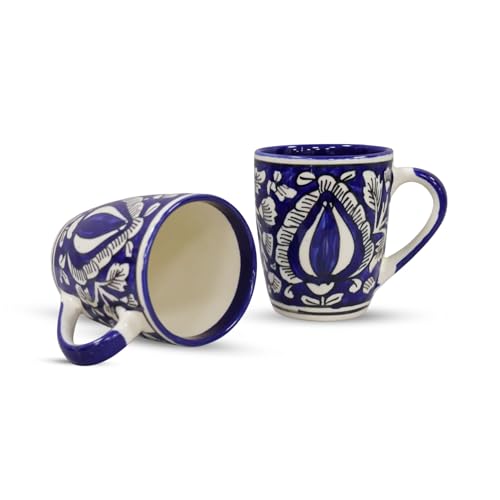 Image of Saras Aajeevika 2 Pc Hut Handpainted Ceramic Coffee Mug - 330ml Handmade Tea /Milk Mug Cup Set for Kitchen Glossy Finish Kids Glass Drinkware -Mircowave & Dishwasher Safe Ideal for (Design 8)