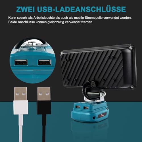 AUTOJARE Akku Lampe für Makita 18V 90W Kabellose Led Arbeitsleuchte Akku 7500LM Tragbares Flutlichter 2 Helligkeitseinstellungen Baustellen Lampe mit 2 USB-Aufladung (kein Akku)