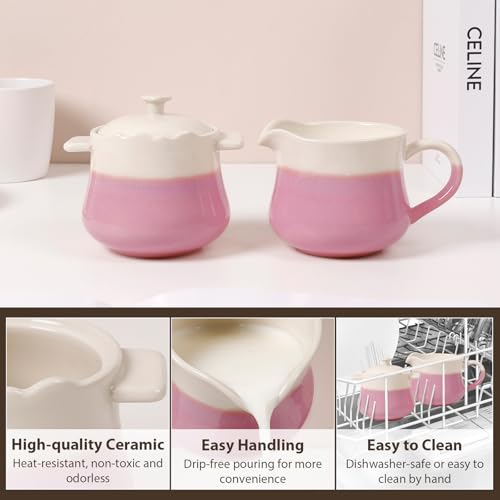 INGOFIN Ceramic Sugar and Creamer Set, 2-Piece French Style Cream Pitcher and Sugar Bowl with Lid, Coffee and Tea Serving Set for Home and Kitchen, Microwave & Dishwasher Safe, Pink and Beige