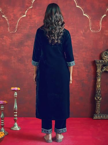 Image of INDO ERA Women's Velvet Floral Embroidered Straight Kurta & Pant with Dupatta Set (IESTR12390)
