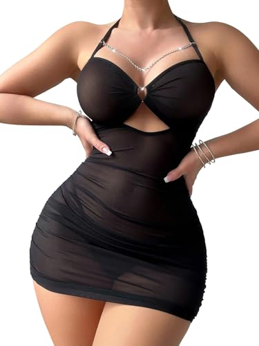 Image of Foxiny Sexy Chain Sheer Mesh Ruched Bodycon Mini Lingerie Dress with Thong 2 Piece Set Outfits
