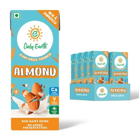 Only Earth Almond Drink Unsweetened Lactose-Free Preservatives Free Contains Vitamin D,E,B1,B2 & B12 | Plant-Based Alternative | Barista Edition 180 ML (Pack 8)