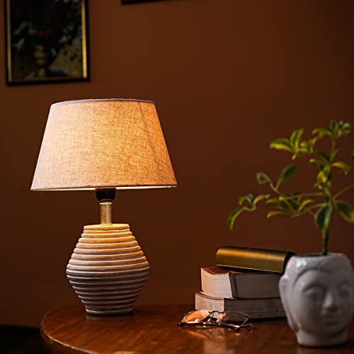 Image of PineCraft International Atury Table Lamp with Shade Night Lamp for Living Room, Study Room, Bedroom & Home Decor Gift Item 14 inch Height Wooden Study Lamp with Beige Shade