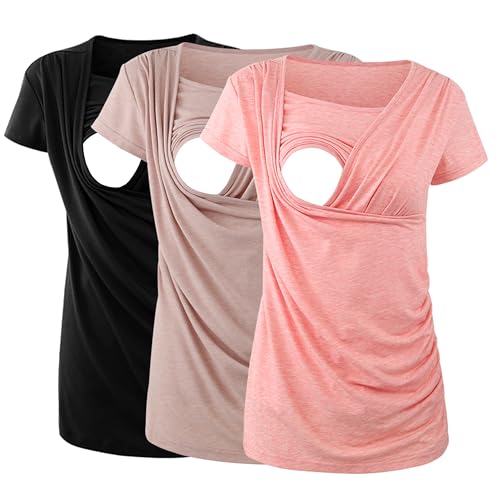 Image of Ecavus 3PCS Women's Maternity Nursing Tops for Breastfeeding Short Sleeve Side Ruched Nursing Shirts