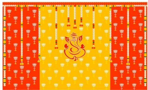 Image of Ganesh Backdrops for Decoration Cloth, Size 5x8 feet | poojas backdrops Decoration Cloth | Lakshmi Devi Backdrop Cloth for Decorations | Lakshmi puja Backdrop