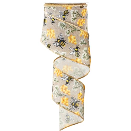 JarThenaAMCS Bee Wired Edge Ribbon 2.5 Inch Bumble Bee Honeycomb Fabric Craft Ribbon Honeybee Gift Wrap Ribbons for Summer Bow Wreath Party Home Decor 12 Yards