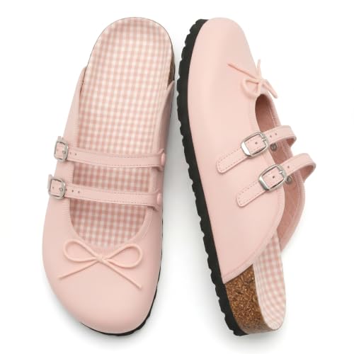 RBRKGNH Ballet Clogs for Women with Bows Double Buckle Strap Mary Jane Clog Mules Comfortable Slip on Backless Patent Leather Mules. Pink