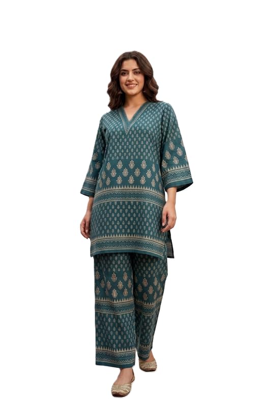 OOJAL Printed Co-ord Set Designer Kurti Set for Women – Ethnic Fusion Wear with Geometric Pattern-image-26