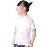 [HEAZEL] ヘーゼル 全21色柄 キッズ ラッシュガード 半袖 Tシャツ 水着 ハイネック トップス 80～150サイズ 子供 UVカット UPF50 + マーブルピンク, 100