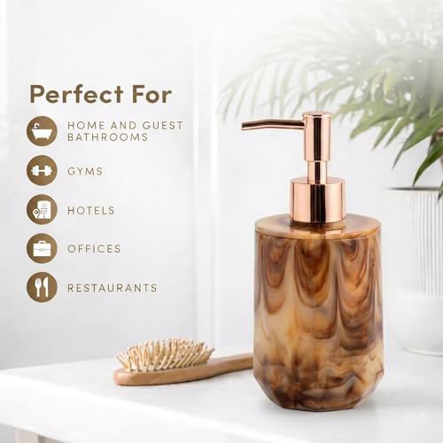 Image of Luxe Home International Marble Pattern Plastic Soap Dispenser for Bathroom and Kitchen Sink Leak Proof Liquid Hand Wash Round Bottle Lightweight Smooth Finish (17x8 cm Brown) Pack of 1