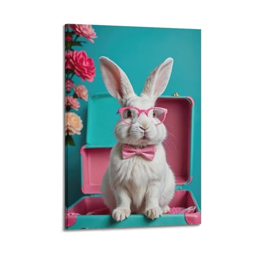 Toile lapin bleu et rose 60x90 cm pour chambre d'enfant douce