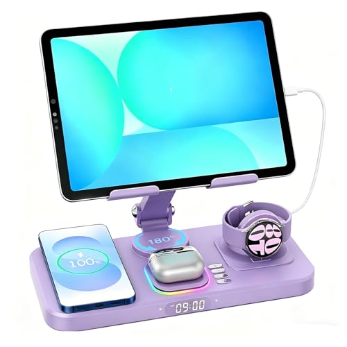 Image of 30W Tablet Wireless Charger for Samsung, Foldable Android Charging Station with Clock Display with 7-Color Light, Wireless Watch Charger for S25, Only Compatible Samsung Watch, Galaxy Buds3 Pro(Purple