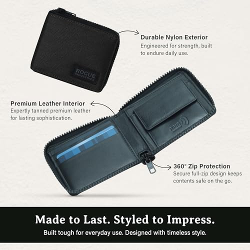 Image of ROGUE WALLET Interior Genuine Leather Wallets for Men - RFID Blocking Robust Outer Nylon Wallets - Full Cash Slot and Expandable Coin Pouch - Gift for Men (Black)