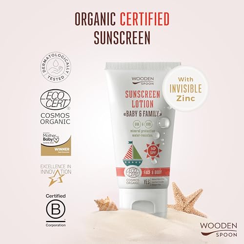 Wooden Spoon Gesichts- und Körper-Sonnenlotion SPF50 für Babys und Erwachsene 150 ml Unsichtbares Zink