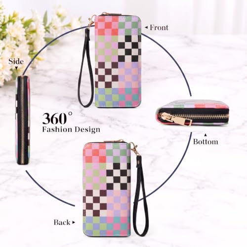 Image of Colorful Checkered Wallet for Women, Zip Around Wristlet Wallet | Detachable Wrist Strap, Large Capacity Long Phone Wallet for Cards, Cash & Travel
