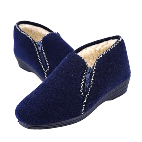 JOMIX Zapatillas de Casa Mujer Calzados Señora Pantuflas Tipo Botín de Invierno con Cremallera Lateral Forro de Borreguito Caña al Tobillo Antideslizante Cuña Ligera Made in Italy ITD2521 Azul 38