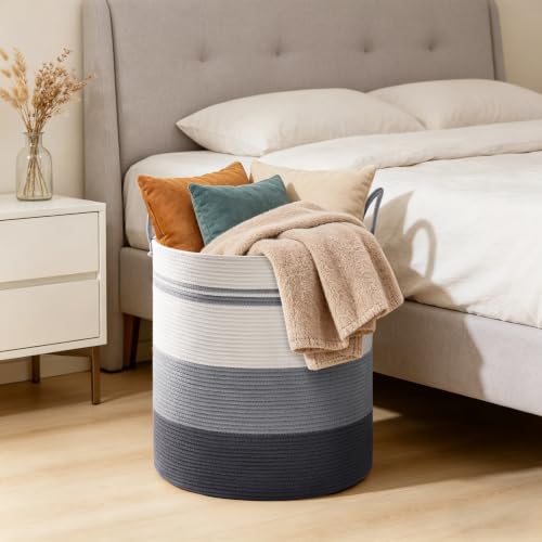Image of 72L Large Tall Cotton Rope Laundry Basket with Handle, Grey Striped