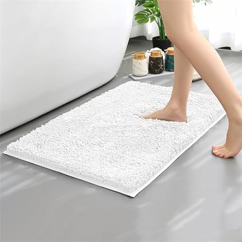 YYINYXY Chenille Bathroom Rugs Fluffy Bath Mat Non-Slip Absorbent Shower Mat Thickened Soft Bedroom Area Rugs Machine Washable (White, 20x32'') Cover