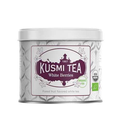 Kusmi Tea - White Berries - Té Blanco Orgánico de Frutos del Bosque - Aromas Naturales de Grosella, Fresa, Mora - Disfrutar Caliente o con Hielo - Lata de Té de 90g - Cantidad para aprox. 50 tazas