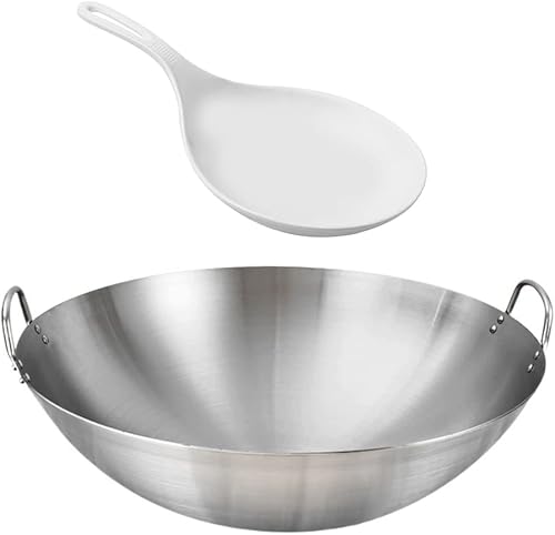 Kichvoe Wok Wok de acero inoxidable de 12.5 x 3.8 pulgadas, wok chino con doble mango y plato de cena blanco de 5.3 pulgadas