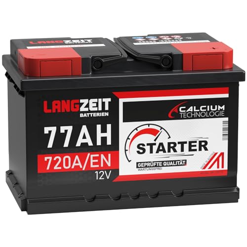 LANGZEIT Autobatterie 12V 77Ah 720A/EN Starterbatterie +30% mehr Leistung ersetzt Batterie 74 Ah 70Ah 72Ah 75Ah