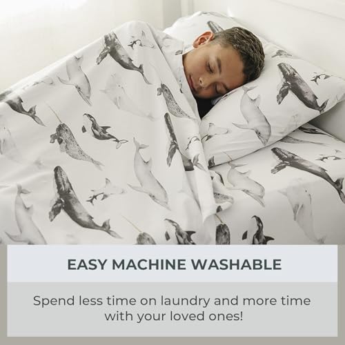Image of Pobibaby Premium Twin Full Sheets Sets, Kids Double Bed Sheets in Cotton Blend | Ultra-Soft Woodland Camping Print with Fitted Sheet, Flat Sheet & Pillowcases (Twin Seaside Whale)