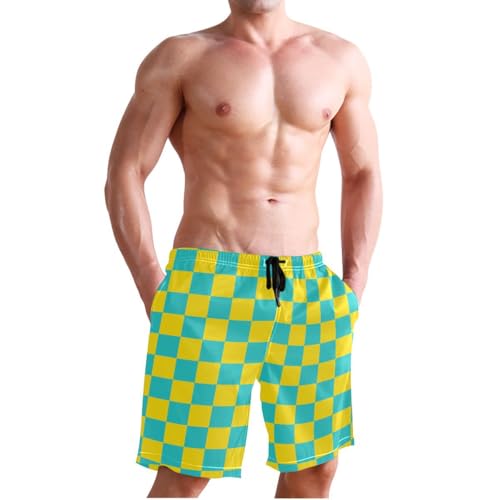 Yellow and Teal Buffalo Checkered Mens Swim Trunks Quick Dry Beach Shorts with Pocket S4