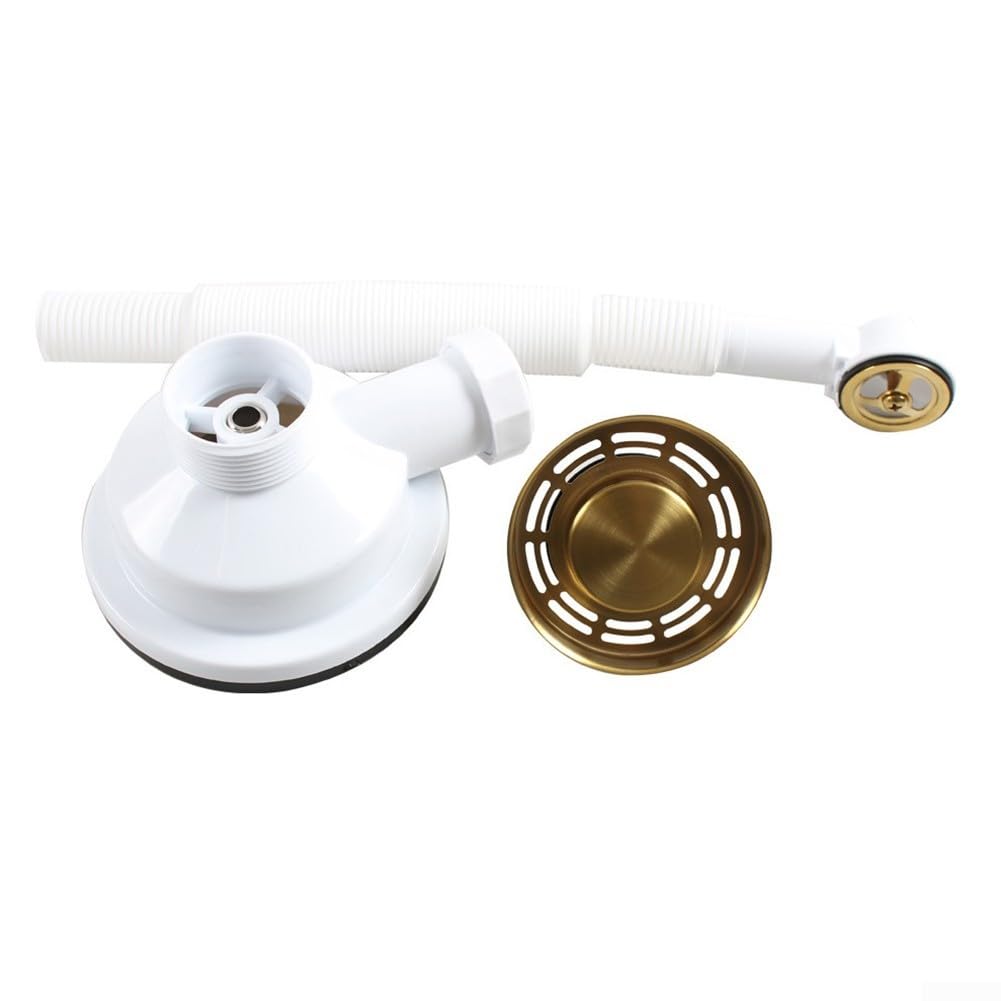 Feegow Colador de desagüe para fregadero de cocina con acabado dorado, 114 mm, chapado en oro, con desbordamiento, antiobstrucción