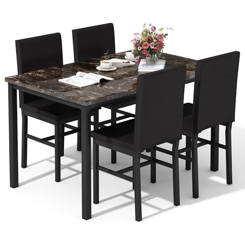 DKLGG Dining Table Set for 4, Modern Dining Set Faux Marble Table and 4 Leather Chairs for Small...