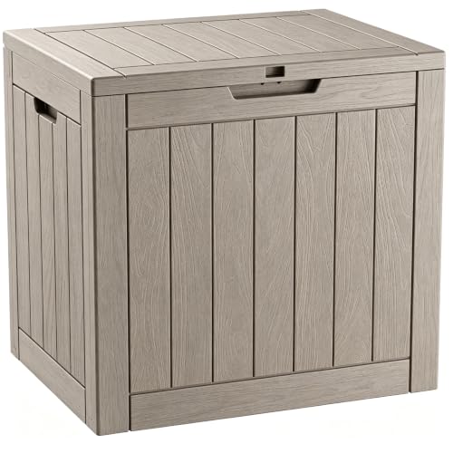 Image of 32 Gal Outdoor Storage Box Waterproof Lockable,Deck Box,Medium Gray | Waterproof Outdoor Storage Box, Lockable Lid Deck Box for Package Delivery, Backyard Bin for Garden Tools, Patio Cushion