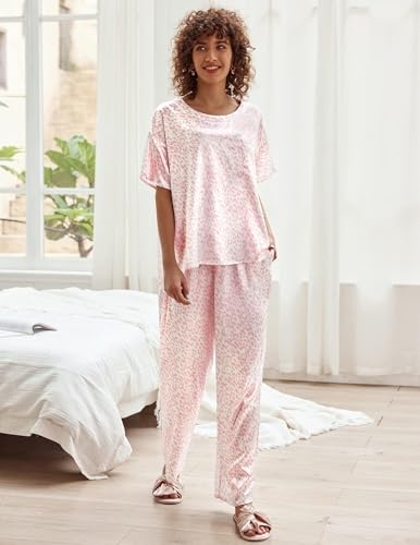 Image of Ekouaer Womens Satin Silky Pajama Set Short Sleeve Shirt with Long Pajama Pant Set Soft PJ Loungewear