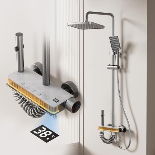 Bostar Columna Ducha con Grifo, Exquisita Estética de Lluvia, Estilo Mármol Juego Completo con Cabezal de Ducha Cuadrado/Ducha de mano/Diseño de Botón Giratorio, Altura Ajustable 70-103cm