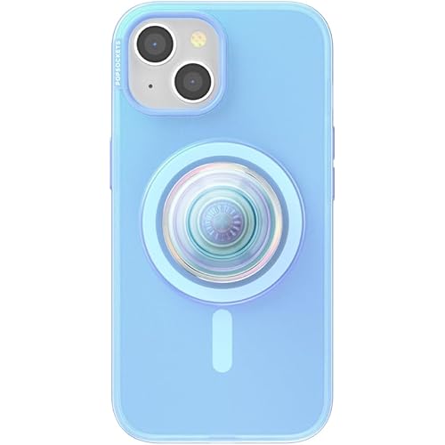 PopSockets iPhone 15 Case with Round Phone Grip Compatible with MagSafe, Phone Case for iPhone 15, Wireless Charging Compatible - Blue Opalescent