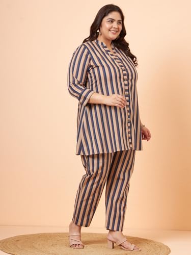 Image of Tissu Women's Plus Size Pure Cotton Blue Printed Shirt with Pyjama Co-Ord Set