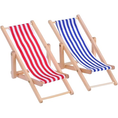 Chaise de plage pliante miniature en bois à rayures rouges et bleues pour intérieurs et extérieurs (pack de 2)