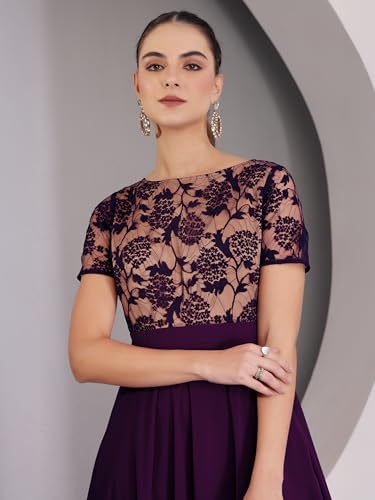 Image of Miss Chase Women's V-Neck Full Sleeve Self Design Lace-Overlaid Georgette Maxi Dress
