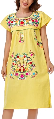 Image of YZXDORWJ Women Mexican Embroidered Long Dress Ruffle Collar Maxi Boho Floral Summer Short Sleeve