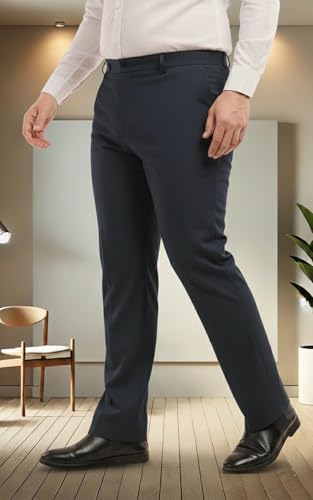 Image of SaintX Men's Premium Plus Size Formal Trousers | Regular Fit Upto 2 inch Techno Flex Waistband | Wrinkle Resistant | Stretchable Triple Blend, Easy Care Fabric | Office & Business Wear